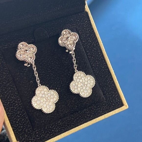 Silver Plated Lucky Alhambra Clover Drop Earrings with Crystal accents w… - Picture 9 of 10